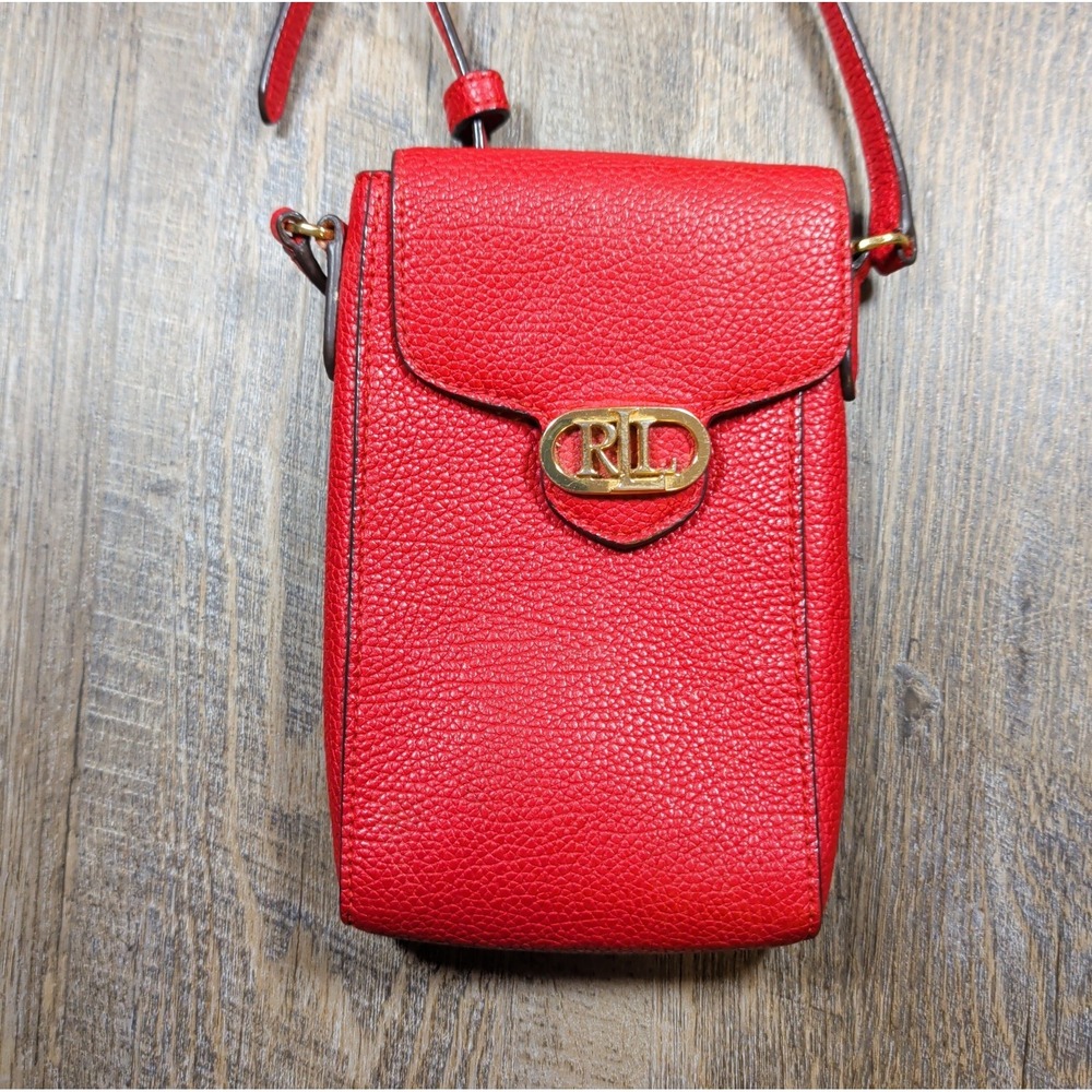 Lauren Ralph Lauren Jacquard Phone Crossbody Bag Red Pebbled Cow Leather Small - Picture 2 of 10